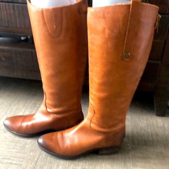 Sam Edelman Shoes - Leather Riding Boots in Cognac by Sam Edelman with bronze zipper & snaps